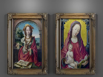 Religious Oil Paintings in Golden Frames with Crowned Female Open Book and Madonna Holding Baby 3d model