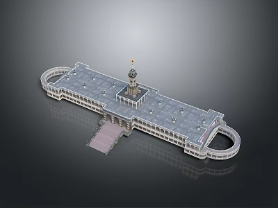 Grand Architectural Model Featuring Symmetrical Design Central Tower Circular Wings And Stone Steps 3d model