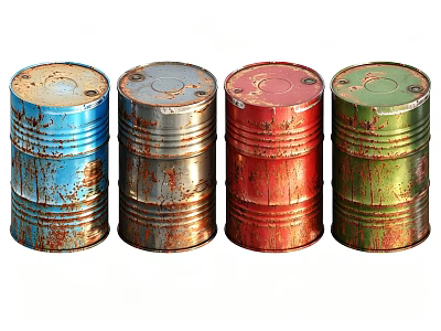 Vintage Rusted Industrial Equipment Drums With Blue Silver Red Green 3d model