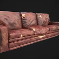 Vintage Reddish Brown Leather Three Seater Sofa With Ornate Gold Accents And Unique Texture