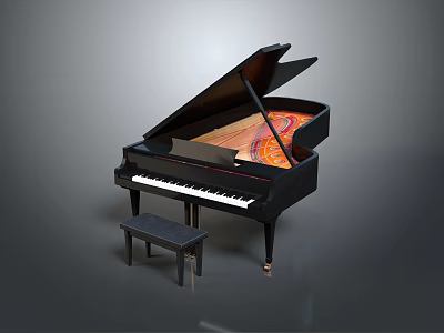 Black Grand Piano With Colorful Artistic Painting And Stool For Music Art Tools 3d model