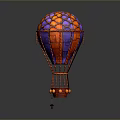 Vibrant Red And Purple Hot Air Balloon With Intricate Net Design And Basket