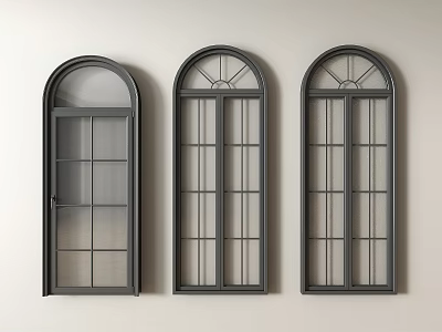 Three Arched Top Casement Windows with Gray Frames Glass Grilles Mounted on Light Colored Wall 3d model