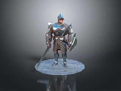 Medieval Armored Man Standing on Stone Pavement With Sword and Shield 3d model
