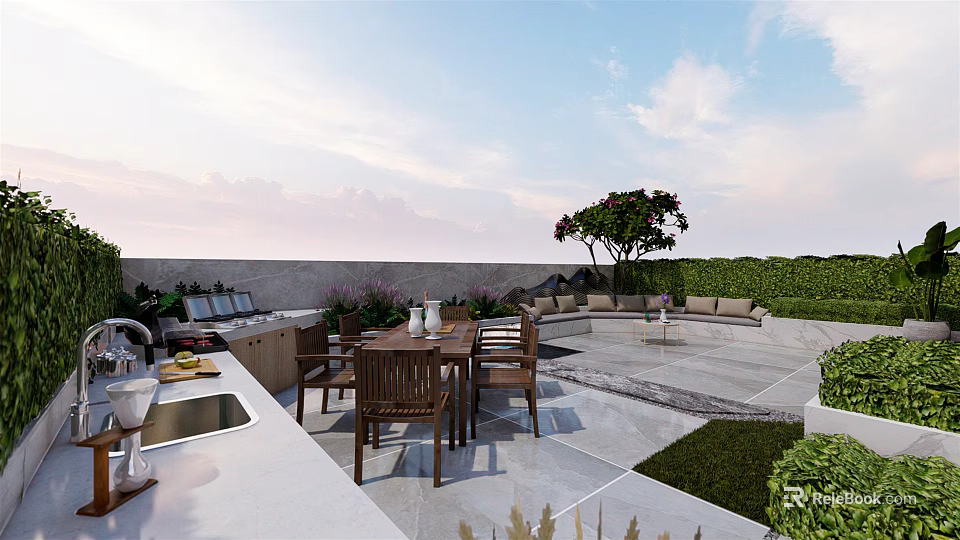 Patio Garden With Outdoor Kitchen Dining Table Chairs And Lounge Seating 3d model 