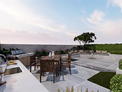 Patio Garden With Outdoor Kitchen Dining Table Chairs And Lounge Seating 3d model