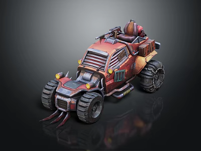 Futuristic Armored Off Road Vehicle With Large Tires Red Orange Paint Turret And Yellow Lights 3d model