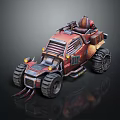 Futuristic Armored Off Road Vehicle With Large Tires Red Orange Paint Turret And Yellow Lights