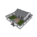 Chinese Style Detached Villa With Gray Roof White Walls And Courtyard Lawn Stone Path
