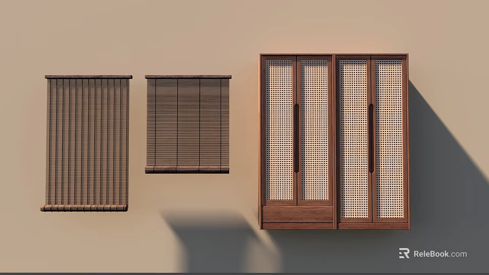 Wooden Wardrobe with Grid Doors and Matching Window Blinds in Modern Interior 3d model 