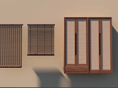 Wooden Wardrobe with Grid Doors and Matching Window Blinds in Modern Interior 3d model