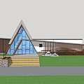 Modern Architectural Building With Unique Roof Design Wooden Elements Glass Windows Stone Steps And Railings