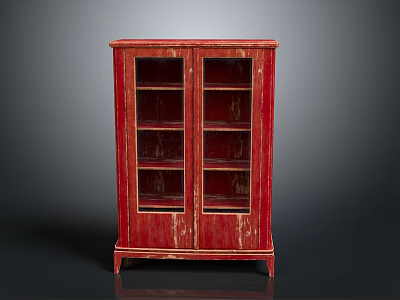 Red Vintage Double Door Glass Cabinet With Wooden Texture And Shelves 3d model