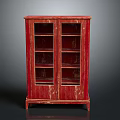 Red Vintage Double Door Glass Cabinet With Wooden Texture And Shelves