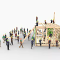 Group of Construction Workers Building Wooden Structure With Scaffolding and Tools
