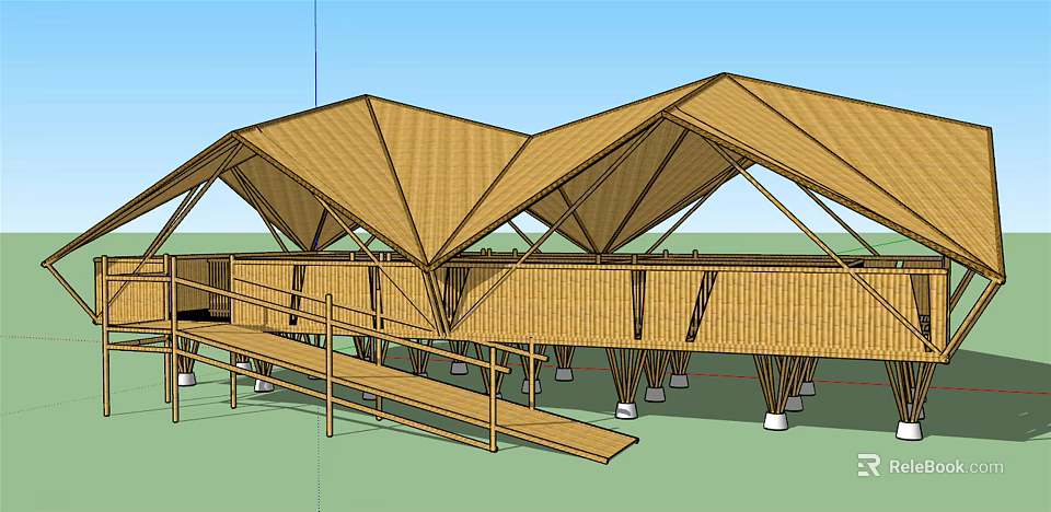 Wooden House With Bamboo Structure Polygonal Roof Elevated Design Walkway Railings And Ramp 3d model 