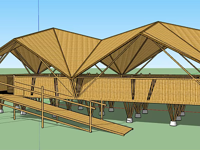 Wooden House With Bamboo Structure Polygonal Roof Elevated Design Walkway Railings And Ramp 3d model