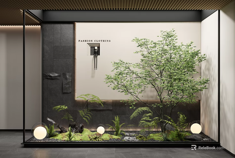Modern Landscape Feature Wall Design With Green Plants Spherical Lights And Natural Stone 3d model 