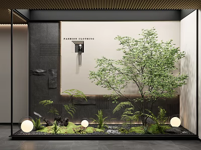 Modern Landscape Feature Wall Design With Green Plants Spherical Lights And Natural Stone 3d model