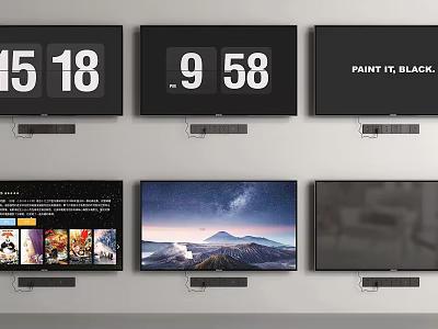 Multiple TVs Mounted on Wall Displaying Time Scenery and Text Content 3d model