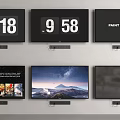 Multiple TVs Mounted on Wall Displaying Time Scenery and Text Content