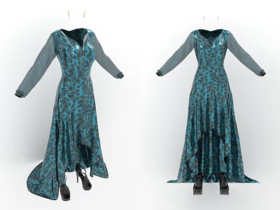 Blue Green Floral Pattern Long Sleeve V Neck Irregular Hem Women's Dress With Heels 3d model