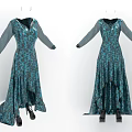 Blue Green Floral Pattern Long Sleeve V Neck Irregular Hem Women's Dress With Heels