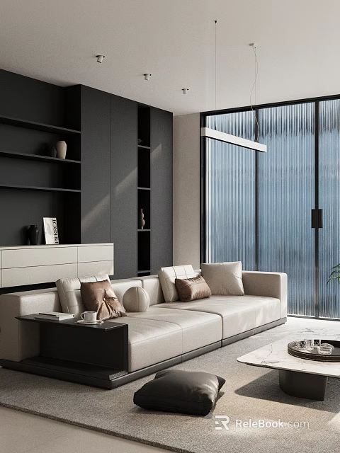 Modern Living Room With Light-colored Sofa Throw Pillows Black Bookshelf And Vertical Striped Glass Window 3d model 