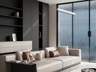 Modern Living Room With Light-colored Sofa Throw Pillows Black Bookshelf And Vertical Striped Glass Window 3d model