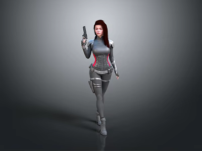 Red Haired Female Warrior In Gray Combat Suit Holding Gun With Utility Belt 3d model