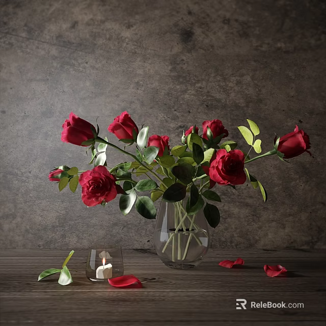 Red Roses Arrangement In Clear Glass Vase With Green Leaves And Candle Petals On Table 3d model 