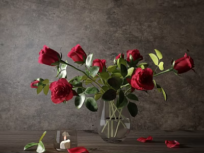 Red Roses Arrangement In Clear Glass Vase With Green Leaves And Candle Petals On Table 3d model