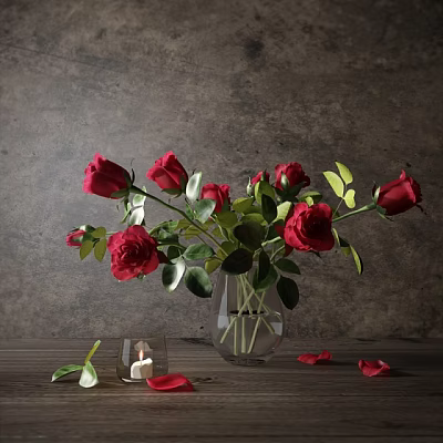 Red Roses Arrangement In Clear Glass Vase With Green Leaves And Candle Petals On Table 3d model