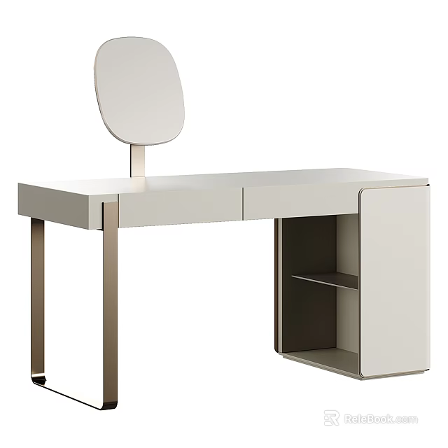 Modern Dressing Table With Round Mirror Drawers And Open Shelf Design 3d model 