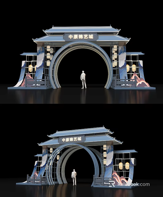 Traditional Chinese Event Gateway With Pagoda Roof Lanterns And Archway Decorations 3d model 