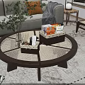Round Wooden Coffee Table With Rattan Baskets Drinks Snacks Vase And Remote Control 3d model