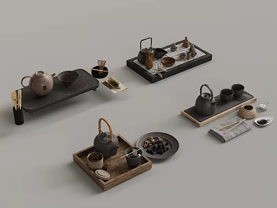 Elegant Tea Set Collection With Teapot Cups And Wooden Slate Trays For Tea Ceremony 3d model