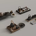 Elegant Tea Set Collection With Teapot Cups And Wooden Slate Trays For Tea Ceremony