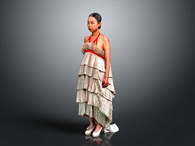 Woman in Strapless Beige Layered Dress with Red Accents White High Heels on Gray Background 3d model