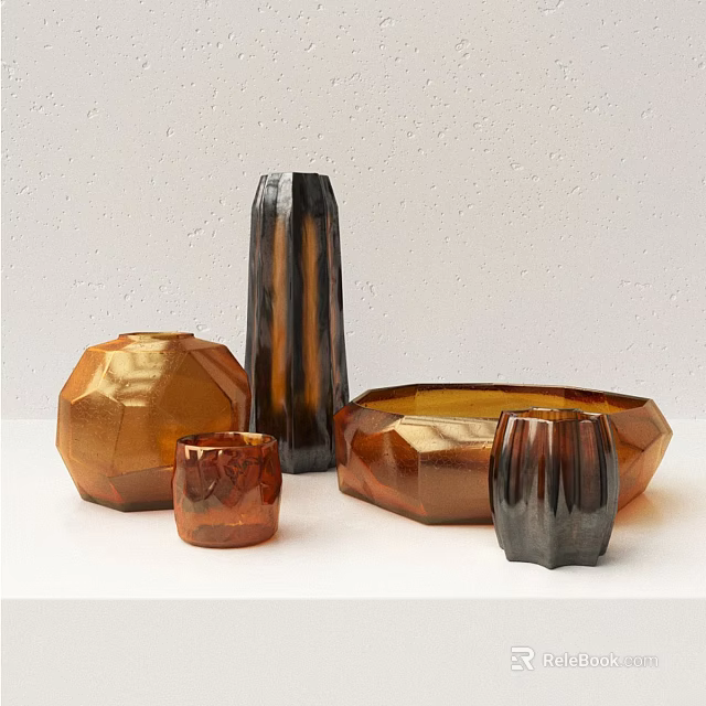 Elegant Decorative Vessels With Geometric Shapes And Metallic Tones On White Surface 3d model 