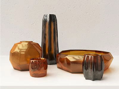 Elegant Decorative Vessels With Geometric Shapes And Metallic Tones On White Surface 3d model