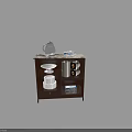 Marble Top Dining Table Sideboard With Glass Teapot Tissue Box Plates Paper Rolls And Basket