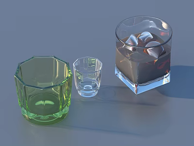 Household Glassware Collection Including Green Octagonal Small Transparent And Large Ice Cube Glasses 3d model