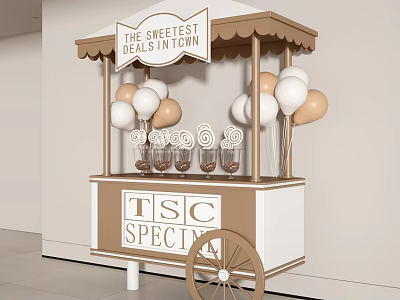 Sweet Deals Dessert Cart With White Brown Balloons And TSC Special Sign 3d model