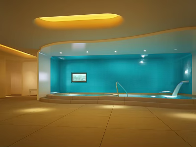 Modern Indoor Swimming Pool Interior With Blue Tiled Walls Water Slide And Warm Lighting 3d model