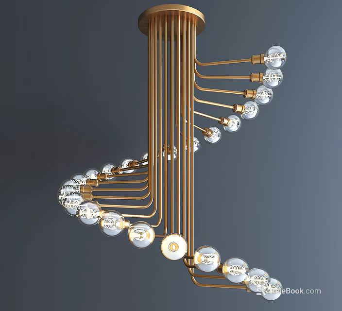 Modern Spiral Chandelier With Golden Frame And Decorative Glass Bulbs 3d model 