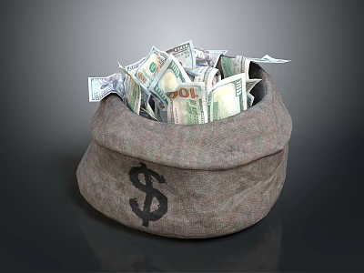 Linen Sack Filled With US Dollar Bills And Printed Dollar Sign On Surface 3d model