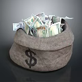 Linen Sack Filled With US Dollar Bills And Printed Dollar Sign On Surface