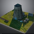 Ancient Stone Windmill Surrounded By Green Grassland Path And Small Hut
