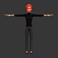 Red Haired Female Character In Black Top And Gray Pants With Arms Outstretched On Gray Background
